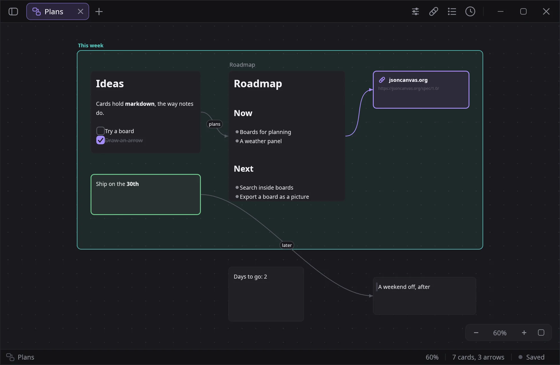 A board in notesy: cards, a note on a card, a link and arrows, inside a group