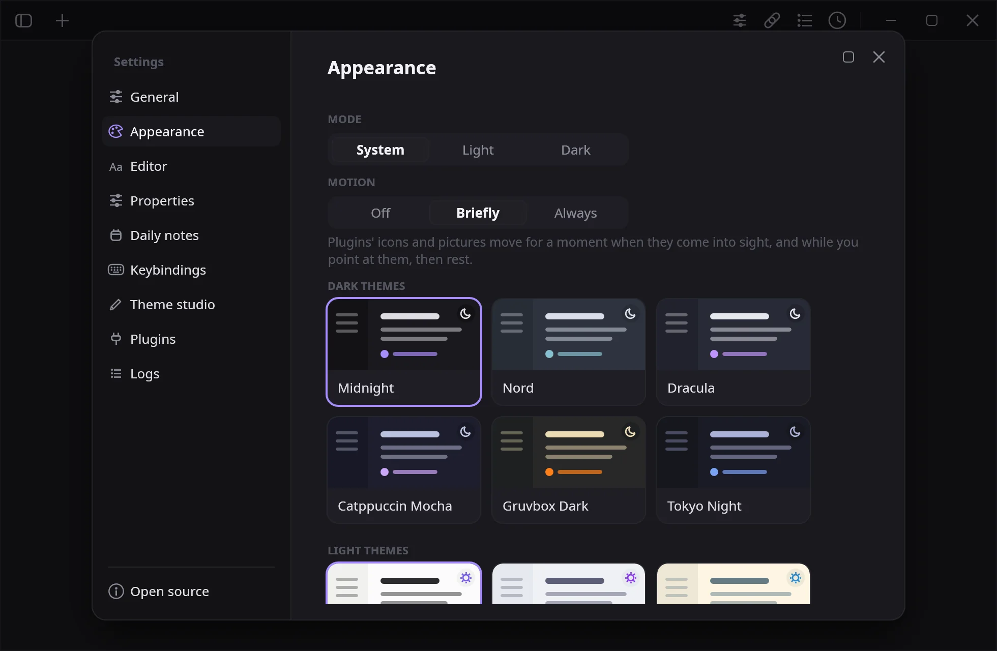 notesy's theme settings with its themes shown side by side